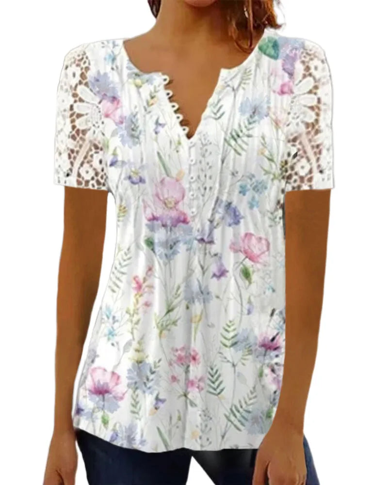 Summer Spring New Women's Loose and Comfortable Casual Lace V Neck Printed Blouse Floral Short Sleeve Elegant Fashion Shirt