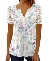 Summer Spring New Women's Loose and Comfortable Casual Lace V Neck Printed Blouse Floral Short Sleeve Elegant Fashion Shirt