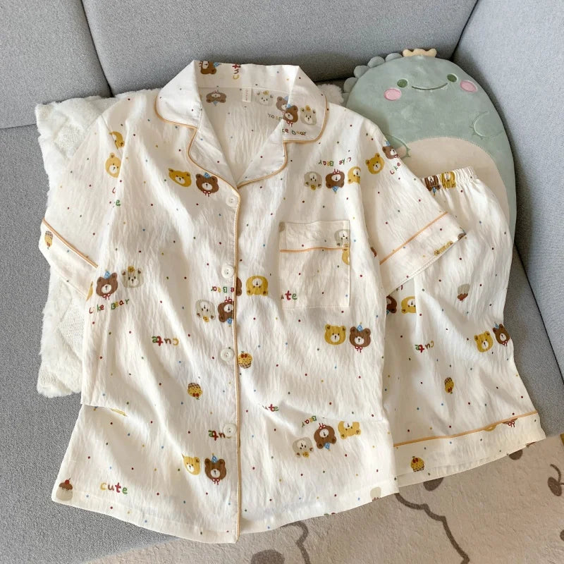 Embroidery Dog Sweet Fashion Cute Pajamas Set for Women Plaid Lapel Neck Elastic Waist Design Pajamas Short New Casual Nightwear