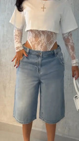 Sexy Women Crop Top+Lace Jacquard Full Sleeve Bodysuit Hottie Street Clubwear Slim Wild Matching Basic Skinny Tees