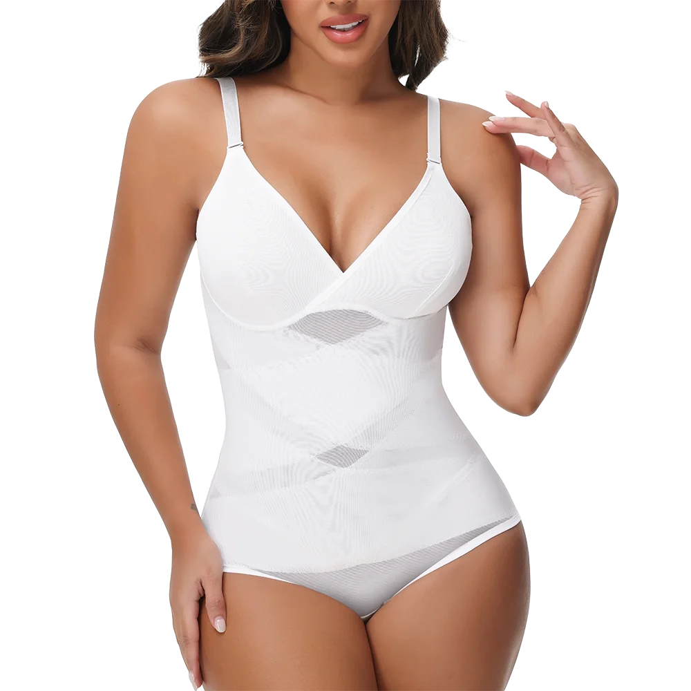 Women Cross Tummy Control Shapewear Sexy Mesh Slimming Waist Briefs Bodysuit Thin Breast Cup Body Shaper Butt Lifter Smooth Body