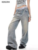 2025 Retro American Waed Striped Hole Denim Jeans Loose High Street Micro Flared Cleanfit Casual Long Trousers for Men And Women