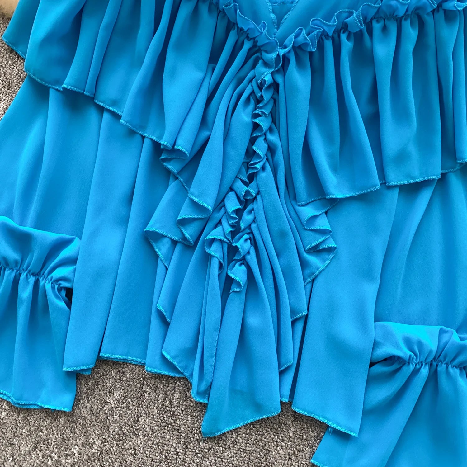 SINGREINY Chic Ruffles Splice Chiffon Blouse V Neck Flared Sleeve Loose Tops 2025 Fashion Solid Fairycore Vacation Women Shirt