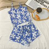 Women Sexy Pajama Ladies Satin Pajama Print Round Neck Ice Silk Top T-Shirt and Shorts Sets Breathable Comfortable Home Wear New