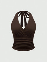 Solid V-neck Backless Halter Crop Top for Women Summer Sexy Y2K Sleeveless Ruched Top Streetwear
