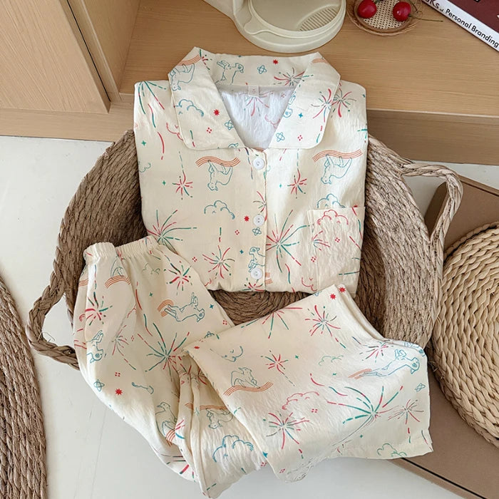 Sweet Cute Goose Print Korean Fashion Women's Pajamas Nightwear Kawaii Casual Lapel Neck Y2K Pajamas Set Autumn New Loungewear
