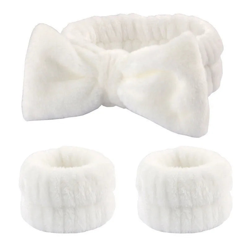 Women's Soft Coral Fleece Headband Wide Bow Hair Band Wristband for Skincare Face Washing Hair Accessories
