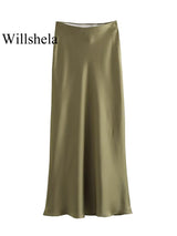 Willshela 2024 Black Satin Skirt Woman High Waist Elegant Long Skirts For Women Fashion Summer Midi Skirt Office Women's Skirts