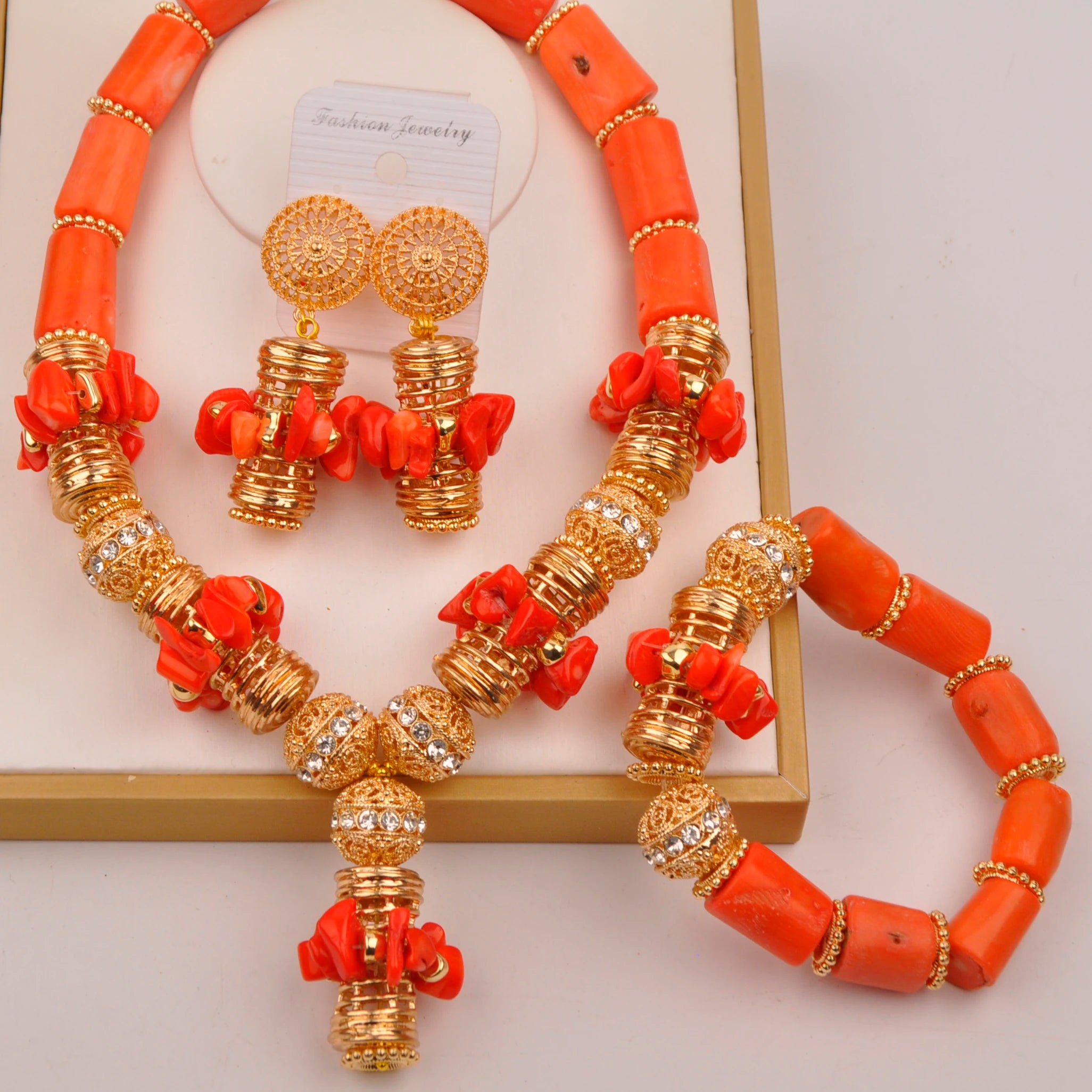 32inches 2Layers orange artifinal nigerian coral bead jewelry set wedding