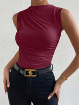 Fashion Casual Mock Neck Ruched Tank Top for Women Summer 2024 Solid Color Pleated Sleeveless Tee Shirt Tshirt Streetwear Y2K