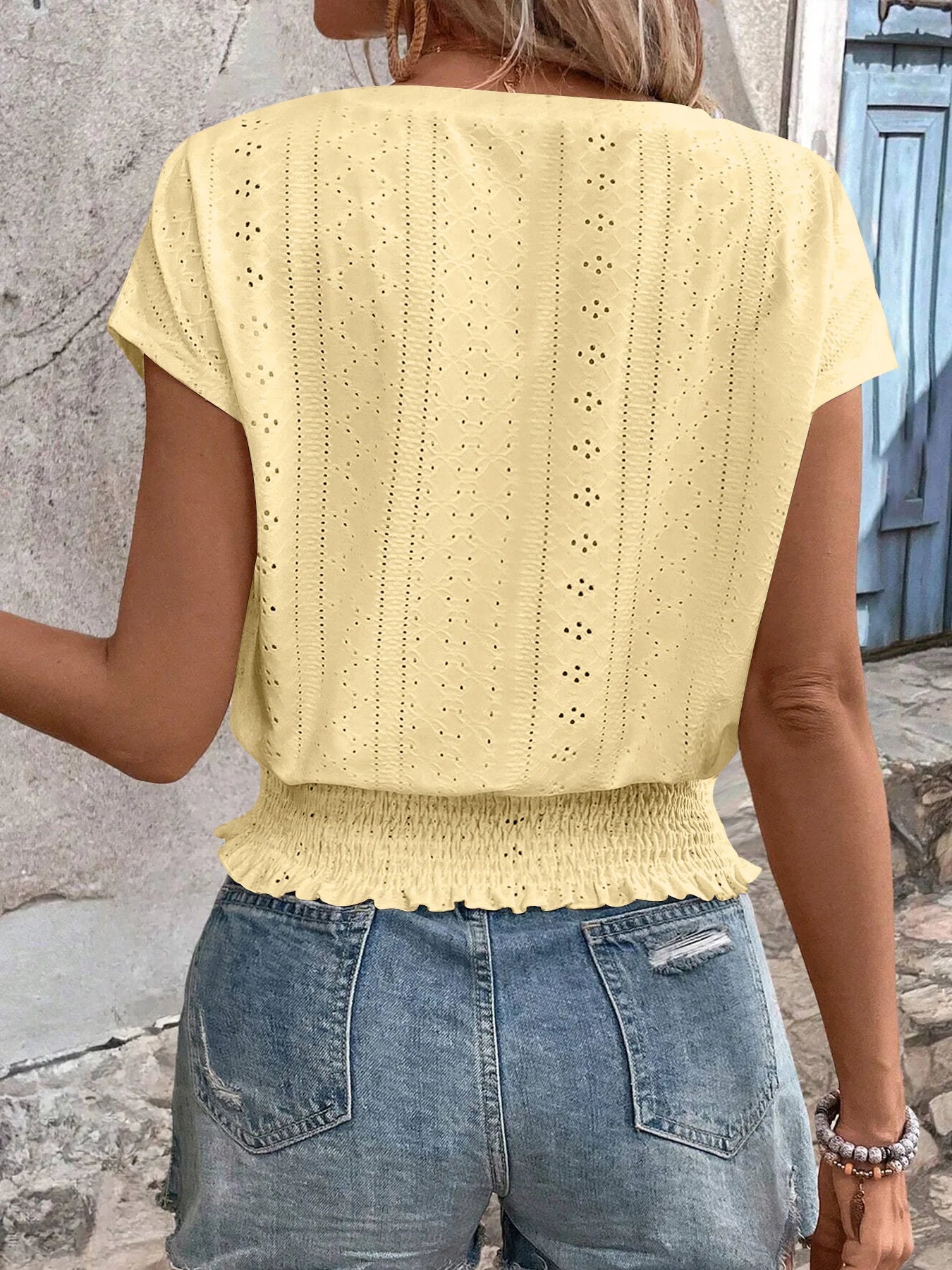 2025 Spring Summer New Fashion Blouses Solid V-Neck Jacquard Hollow-Out Smocking Short-Sleeve Shirts Fashion Casual Women's Tops