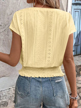 2025 Spring Summer New Fashion Blouses Solid V-Neck Jacquard Hollow-Out Smocking Short-Sleeve Shirts Fashion Casual Women's Tops