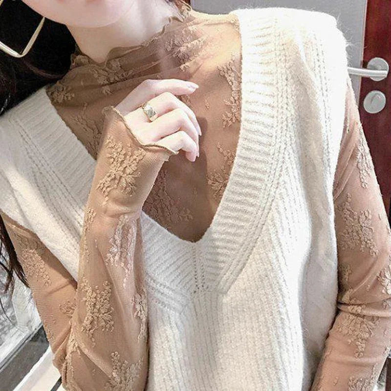 Women Elegant High Neck Polka Dot Blouse Mesh Lace Stitching Puff Long Sleeve Shirt Slim Fit Office Ladies Fashion Daily Tops