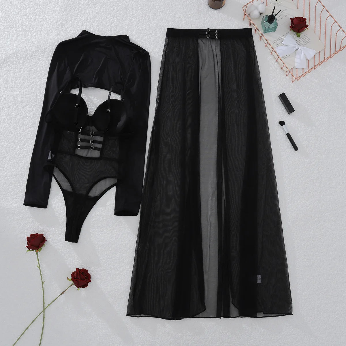 2025 New Perspective Mesh Body Shaping Jumpsuit Women's Sexy Splicing Split Skirt Female See Through Underwear 3-Piece Brief Set