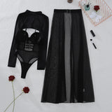 2025 New Perspective Mesh Body Shaping Jumpsuit Women's Sexy Splicing Split Skirt Female See Through Underwear 3-Piece Brief Set