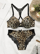 Ladies' New Leopard Print Sexy And Comfortable Front Bbutton Beautiful Back Underwear Lace Triangle Underwear Set A3159
