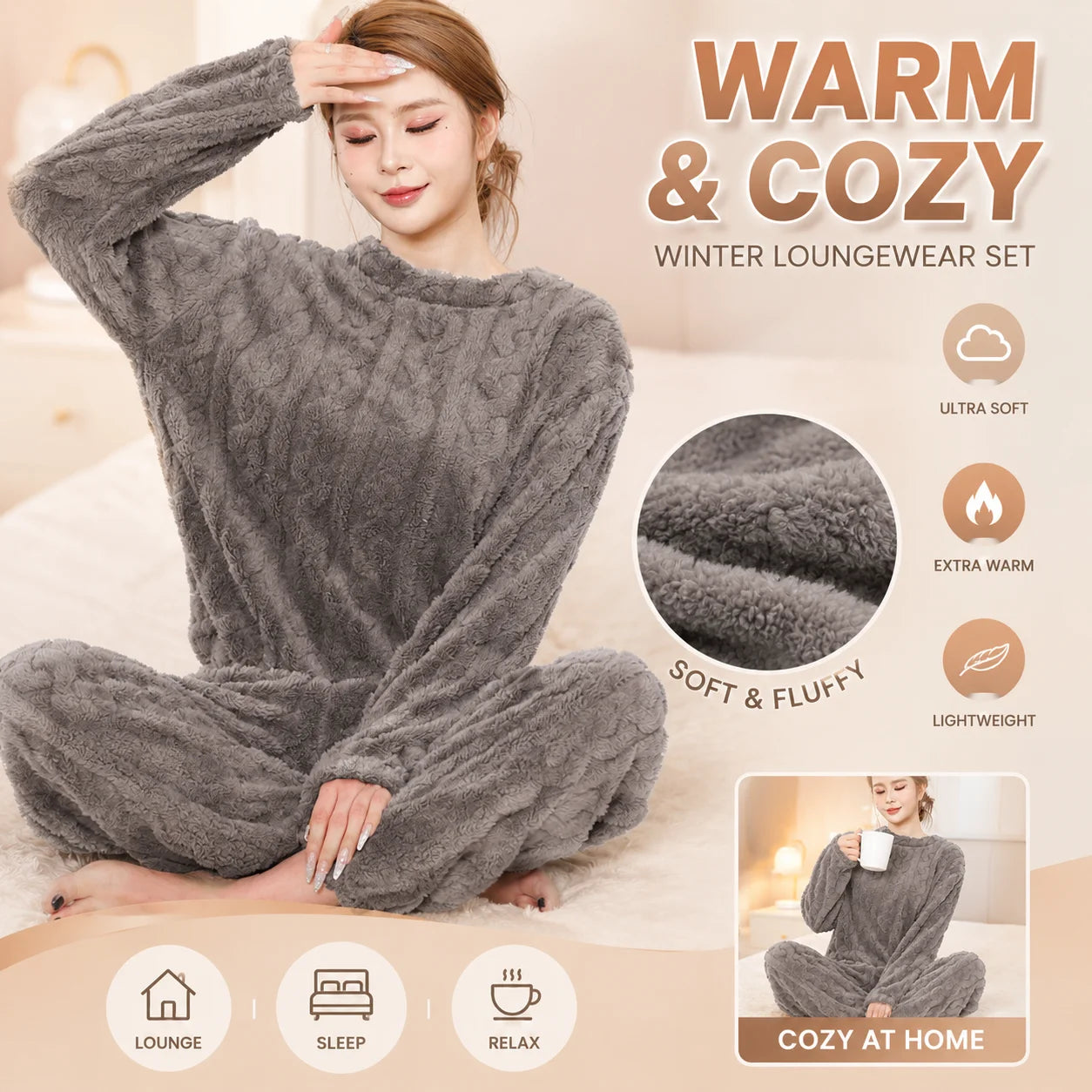 Women's Thickened Warm Sleepwear coral velvet homewear Fluffy O-neck leisure pajamas Striped Large Size Adapted Winter Sleepwear