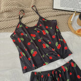 Women Sexy Pajama Ladies Satin Pajama Print Round Neck Ice Silk Top T-Shirt and Shorts Sets Breathable Comfortable Home Wear New