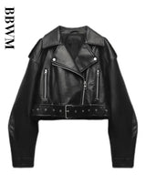 BBWM Women Oversized Vintage Loose Pu Faux Leather Short Jacket with Belt Streetwear Female Zipper Retro Moto Biker Coat Outwear