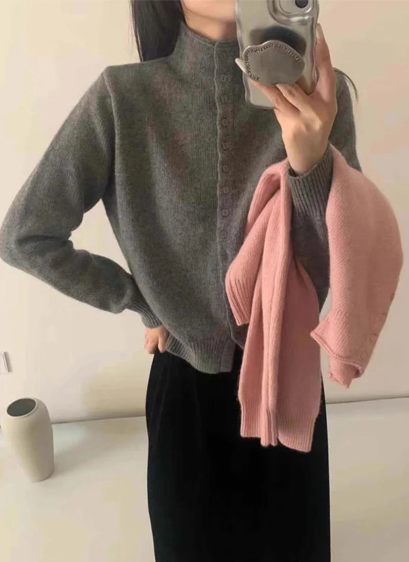 New Soft Comfortable Stand-Up Collar Sweater Cardigan Women Simple Single Breasted Cardigans Coat Autumn Solid Knitted Outerwear