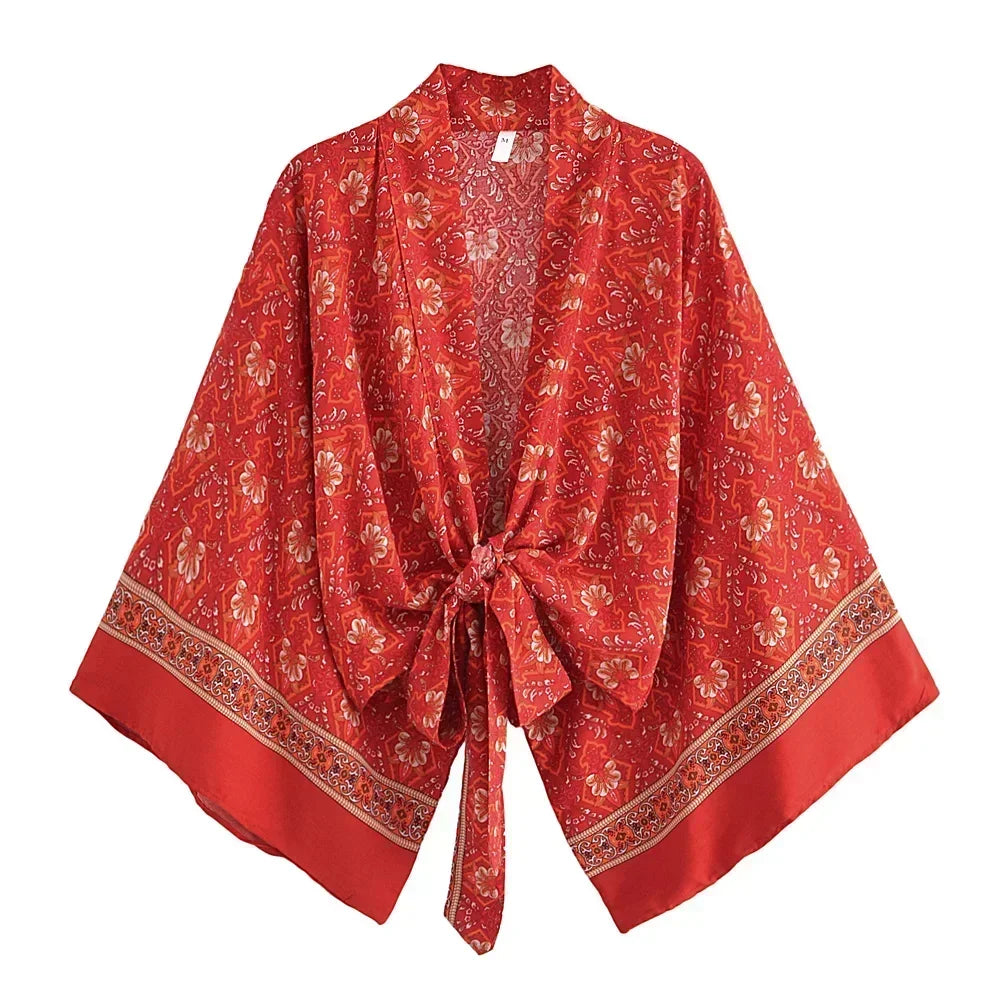 Boho Queens Red Floral Beach Kimono Short Robe Swimsuits Women Fashion Batwing Sleeves Rayon Bohemian Bikini Cover Ups Beachwear