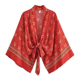 Boho Queens Red Floral Beach Kimono Short Robe Swimsuits Women Fashion Batwing Sleeves Rayon Bohemian Bikini Cover Ups Beachwear
