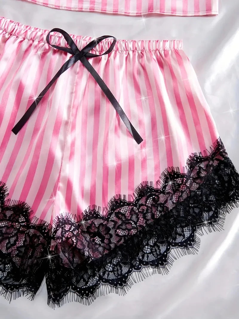 Summer Silk Satin Women's V-Neck Sexy Lace Suspender Pajama Shorts Set Stripes Heart Casual Women's Sleeveless Sexy Pajama Set