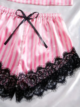 Summer Silk Satin Women's V-Neck Sexy Lace Suspender Pajama Shorts Set Stripes Heart Casual Women's Sleeveless Sexy Pajama Set