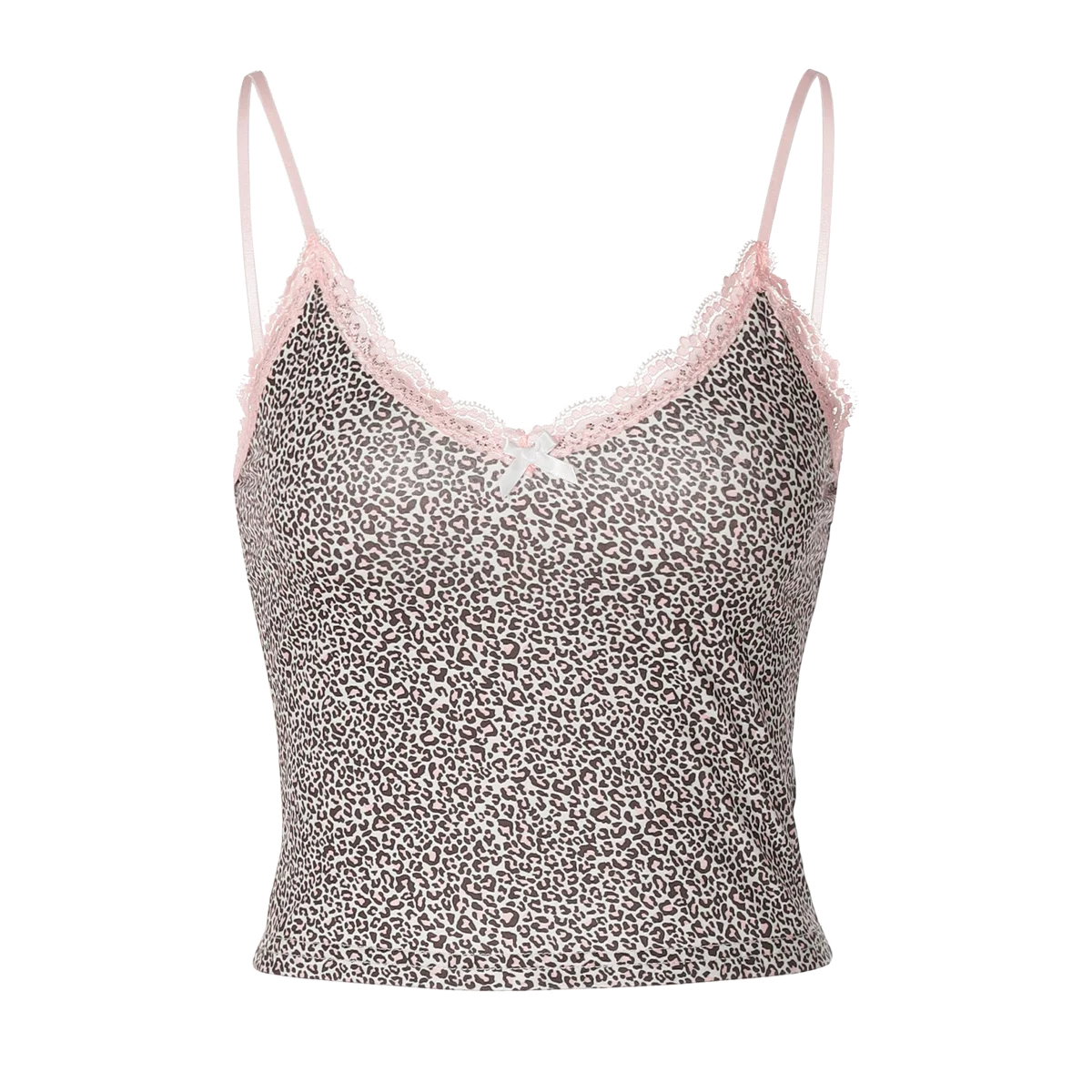 Hugcitar Leopard Print Slips Bows Patchwork Lace Sexy Slim Crop Camis Top Summer Fashion Women Y2K Outfits Festival Party