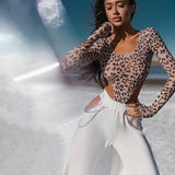 Huhugirl Leopard Print Skinny Bodysuit Women Rompers Sexy Slim Fit Long Sleeves U-neck Bodycon Tops Female Jumpsuits Overalls