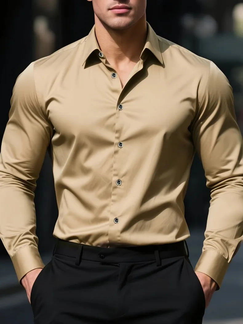 New Men Shirt Elegant Fashion European Long Sleeve Classic Smart Casual Elastic Anti-pilling Male Business Dress Shirts
