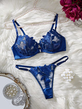 Floral Embroidery Sexy Lingerie Set Women Transparent Bralette Underwire Push Up Bra Panty 2 Piece Set
