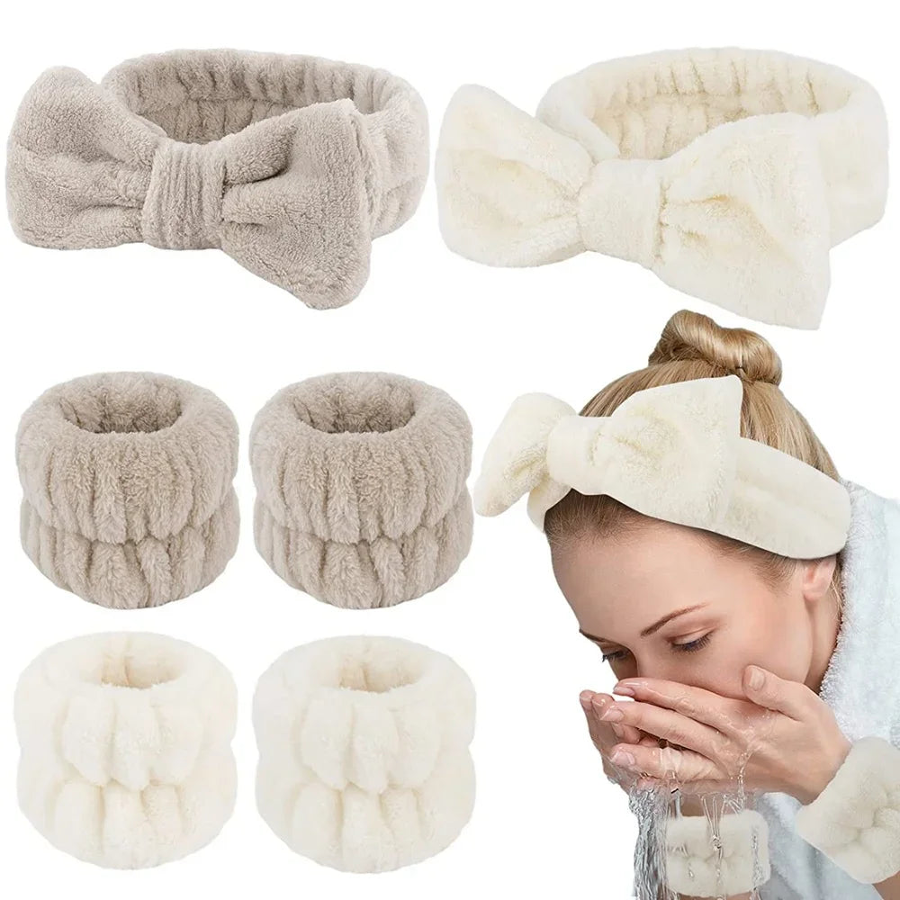 Women's Soft Coral Fleece Headband Wide Bow Hair Band Wristband for Skincare Face Washing Hair Accessories