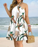 Women's 2026 Tropical Leaf Print Halter Neck Mini Dress Sleeveless Backless A-Line Summer Beach Sundress Casual
