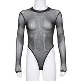 See Through Bodysuit Backless Hollow Out Transparent Club Jumpsuits Women Solid Black Tee Summer Elegant Sexy Streetwear