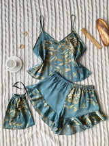 Elegant Floral Print Cami Tops Ruffle Hem Shorts Pajama Set  Women's Sleepwear Loungewear