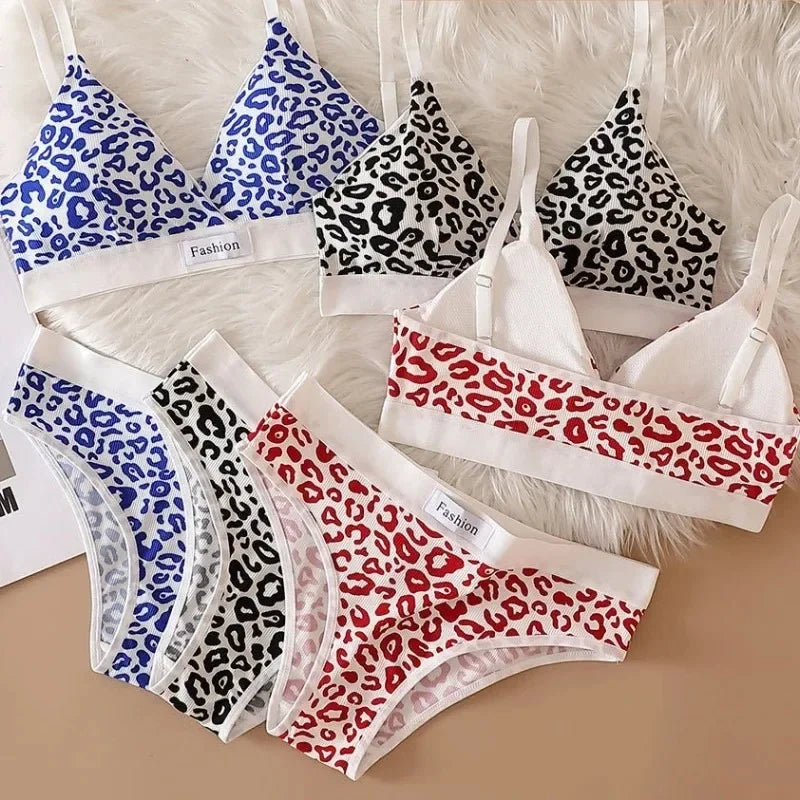 1/3/8Pcs Seamless Bra Set Low Waist Panties Leopard Bralette Sexy Lingerie Set Vneck Sport Brassiere Female Cotton Underwear Set