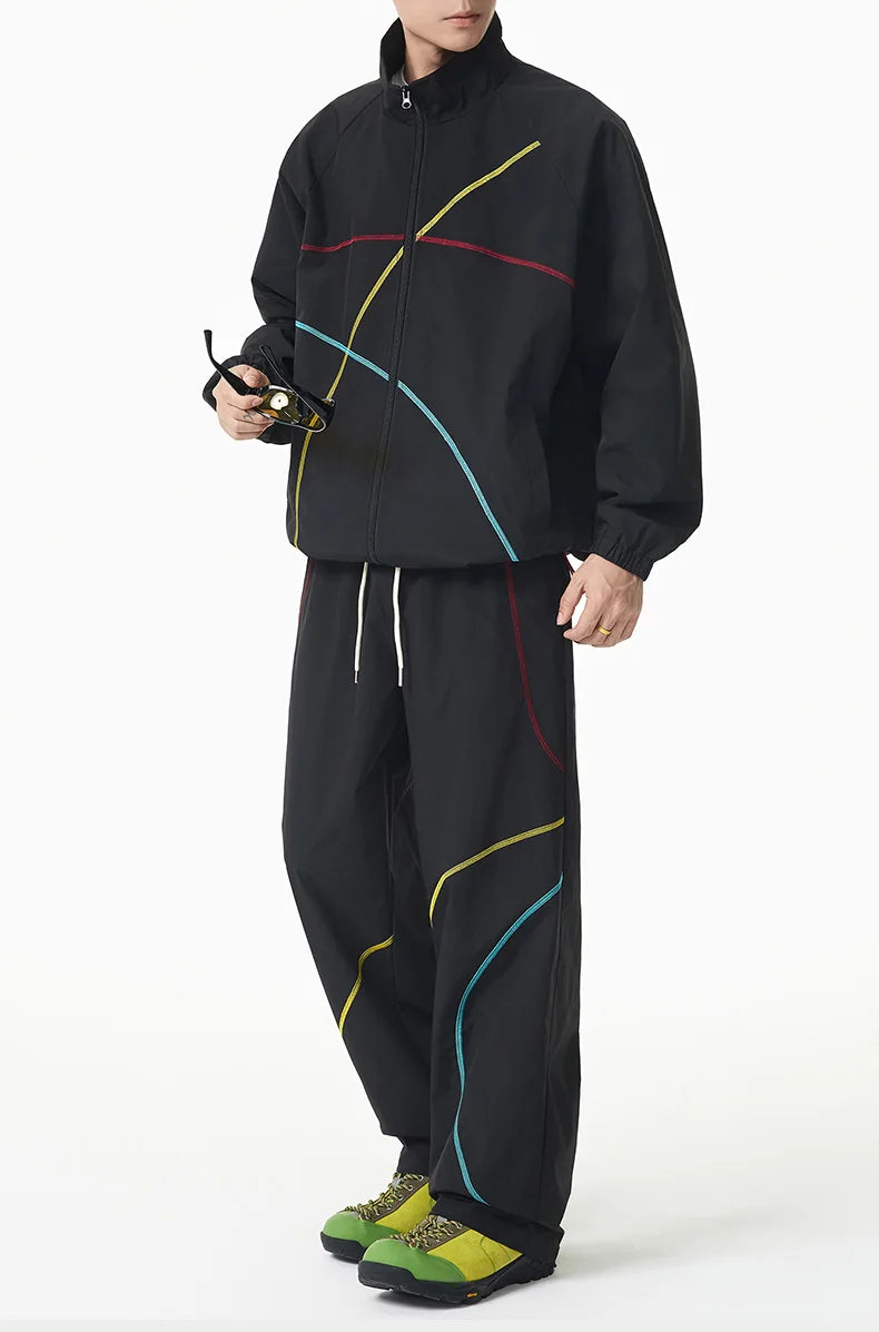 Unisex 2‑Pieces Tracksuit Set Color Contrast Stitching Stand Collar Zip‑Up Jacket Wide Leg Pants Windproof Outdoor Hiking Set