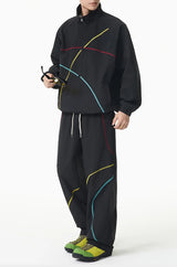 Unisex 2‑Pieces Tracksuit Set Color Contrast Stitching Stand Collar Zip‑Up Jacket Wide Leg Pants Windproof Outdoor Hiking Set