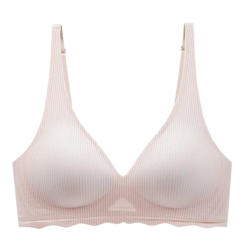 Seamless Women's Bra Small Chest Big Hollow Design Underwear Support Non-removable Semi-fixed Cup One Piece Striped Thin Bra