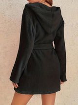 1 piece of women's solid color hooded robe with belt, cozy and warm fleece pajamas for home wear in autumn and winter.