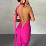 Hugcitar One Shoulder Backless Adjustable Scarf Loop Ruched Sexy Maxi Dress Women Elegant Y2K Streetwear Festival Outfit