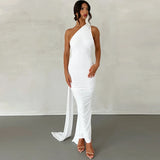 Hugcitar One Shoulder Backless Adjustable Scarf Loop Ruched Sexy Maxi Dress Women Elegant Y2K Streetwear Festival Outfit