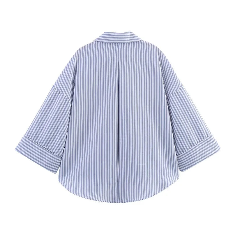 MUJER Striped Women's Shirt White Loose Casual Shirts for Women Summer Button up Shirts and Blouses Woman Wide Sleeve Ladies Top