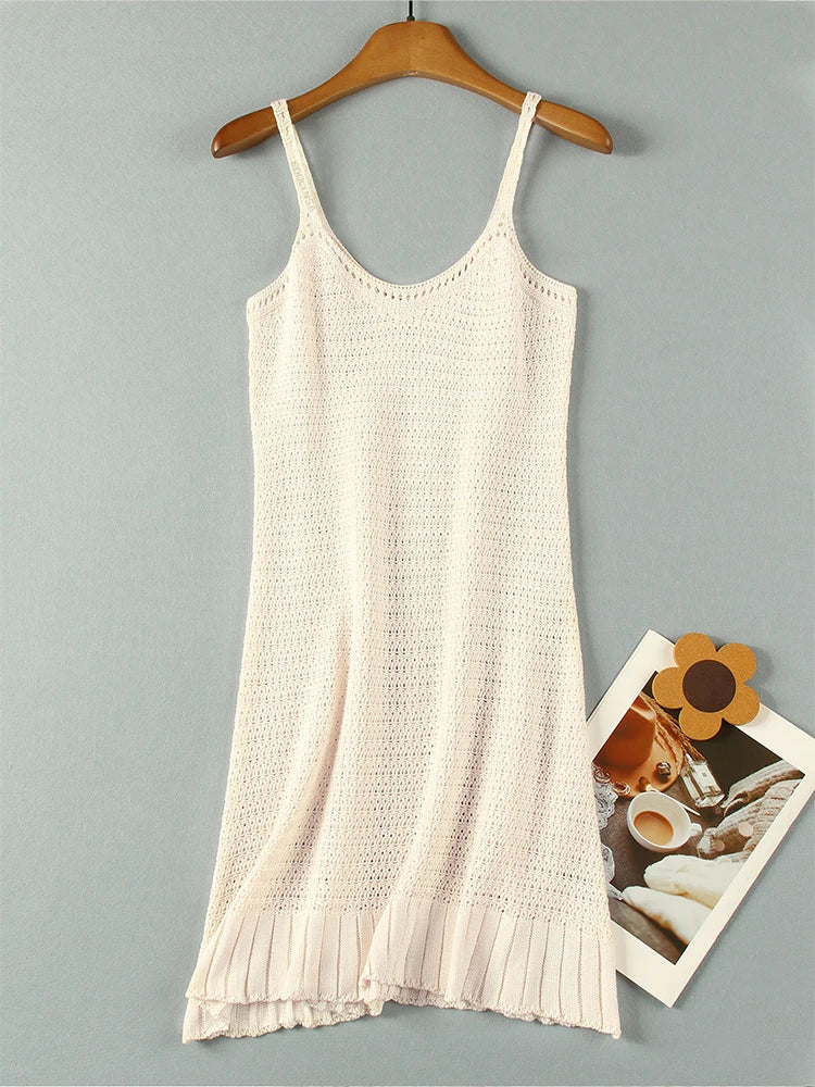 Sexy Crochet Halter V Neck Chic Ruffle Knit Beach Mini Dress 2026 Women Comfy Swimsuit Cover Up Seaside Holiday Club Dresses K58