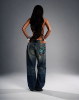 Y2k 2000s Statue of liberty Diamonds Jeans Casual Denim Pants High Waist Straight Wide Leg Jeans Harajuku Vintage Women Clothing
