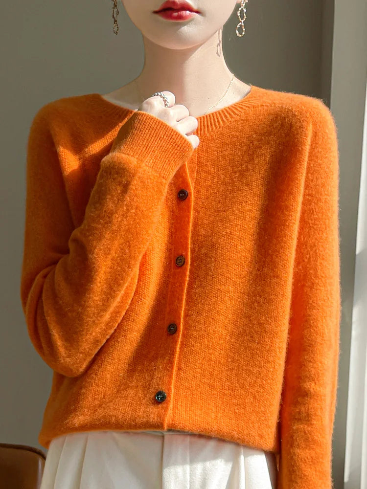 Women 100% Merino Wool Cardigan Soft O-Neck Cashmere Sweater OL Buttoned Knitwear Casual Top Clothing Korean Style