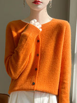 Women 100% Merino Wool Cardigan Soft O-Neck Cashmere Sweater OL Buttoned Knitwear Casual Top Clothing Korean Style