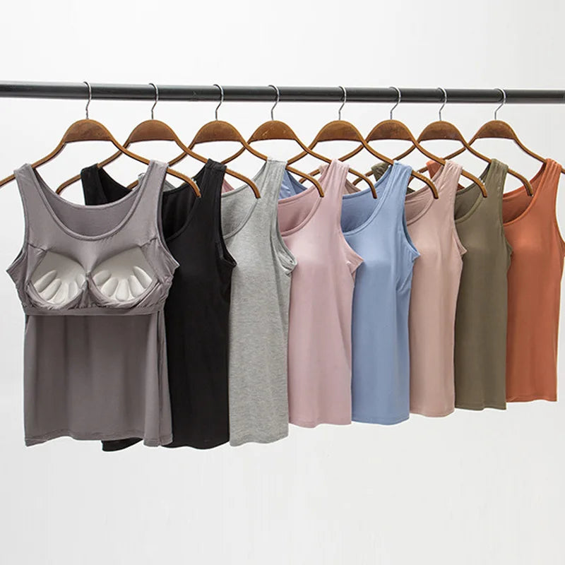 2026 Women's Vest Tops With Built In Bra Neck Vest Padded Slim Fit Tank Tops Sexy Shirts Feminino Casual Underlay shirt slimming
