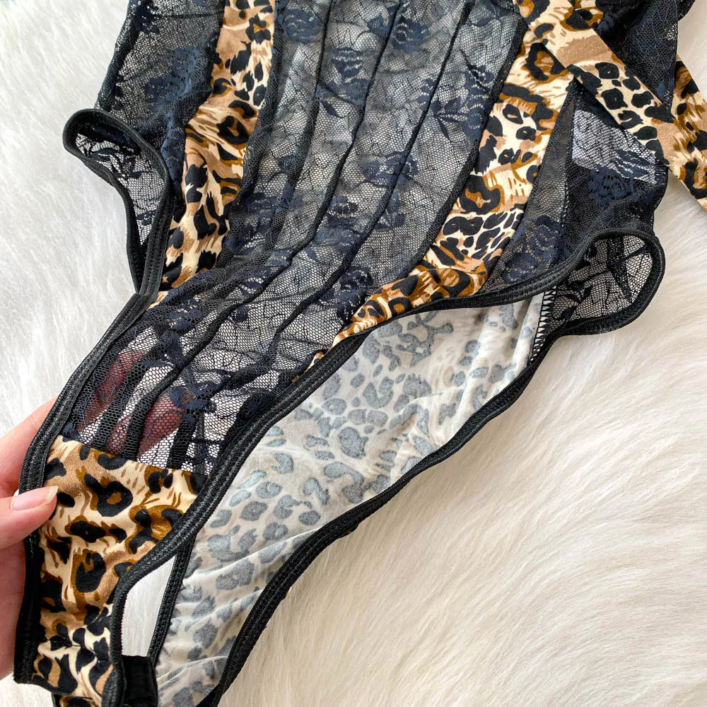Women Hotsweet V-neck leopard slim  Vintage Straps Bodysuits Chic lace Jumpsuits Slim Top Clothing